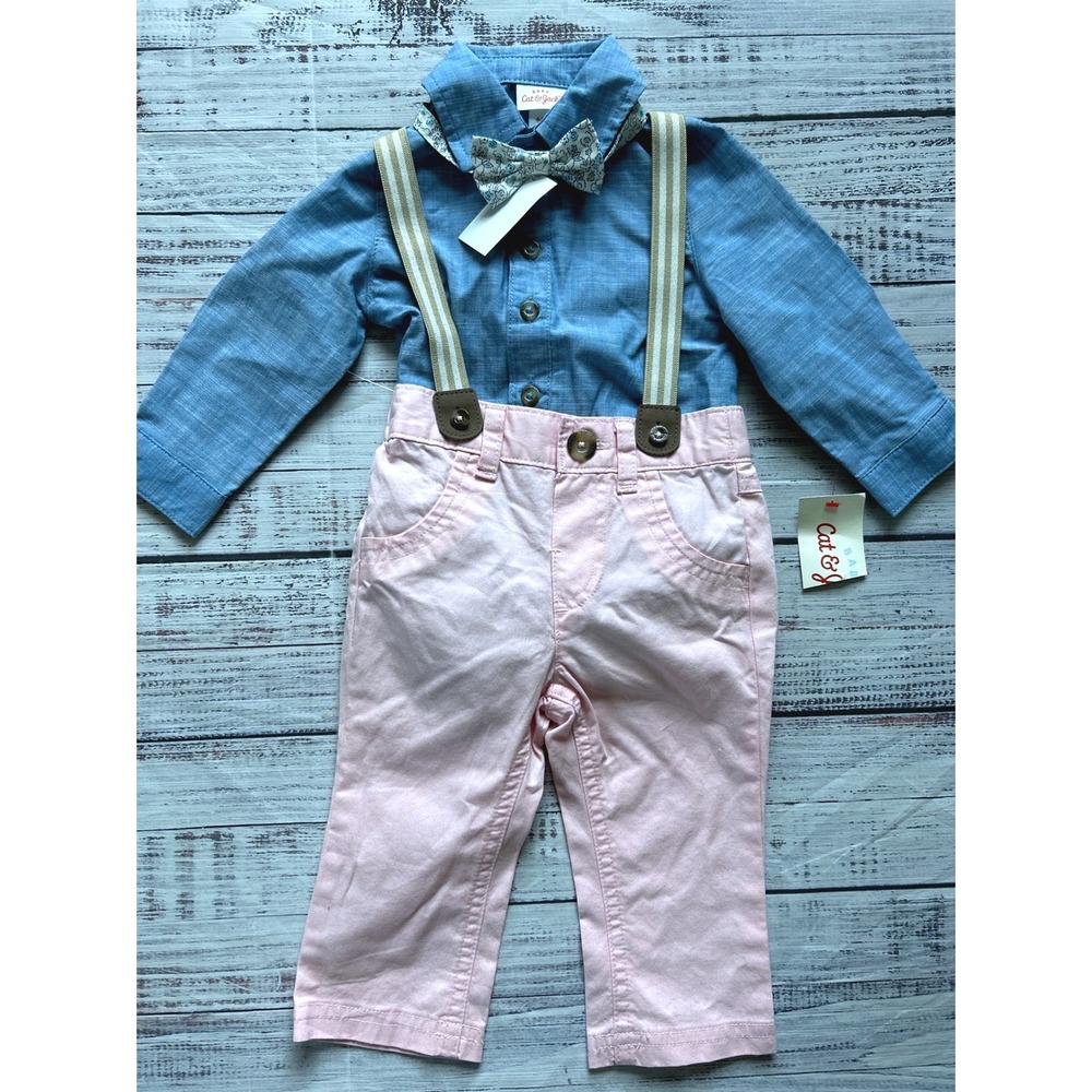 Cat & Jack Outfit Set Kids Blue Pink Bodysuit Suspenders Bow Tie 6-9M